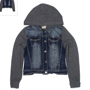 Wallflower Dark Wash Blue Jean Denim Jacket Faux Fur In Hood & Arms Juniors M